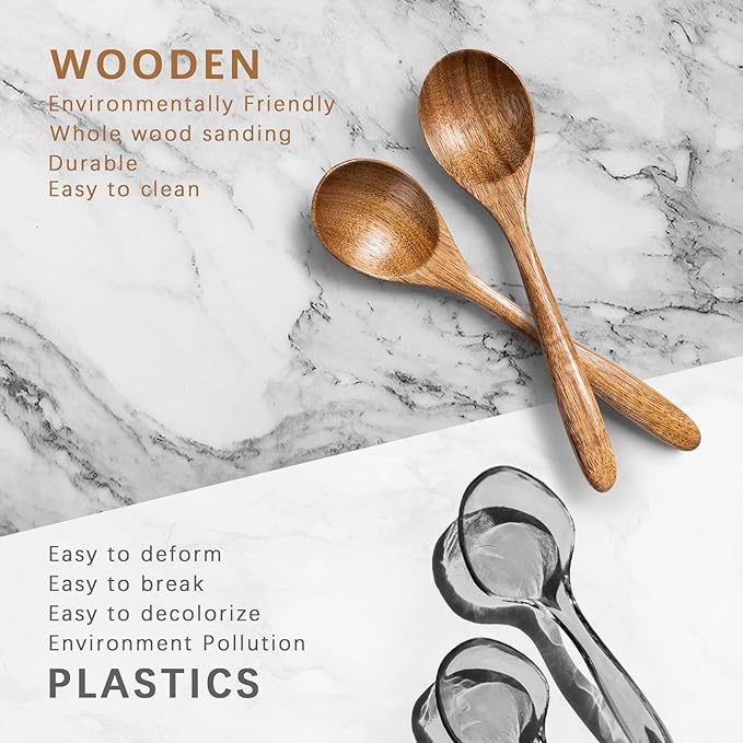 2 PCS Wooden Spoons for Honey, 6.7 inch Small Wooden Spoons - Terrific for Tea, Coffee & Soup, Little Acacia Wood Serving Table Spoon Set, Bulk Bamboo Teaspoon for Eating with Unique Design