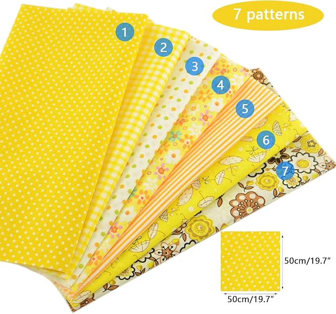7 Pieces Cotton Fabric Plain Printed (20"x20"), Comfortable DIY Artcraft Material for Quilting, Patchwork Fabric Yellow