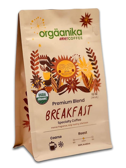 New Orgaanika Andes Breakfast 12oz | Gourmet Coffee Blend | Coarse Ground | Medium Roast | Specialty Organic | Best for French Press & Cold Brew Coffee, well balanced, bulletproof flavor, aroma and body. (bag 12oz.) | Loyalty Reward Inside the Bag (see...