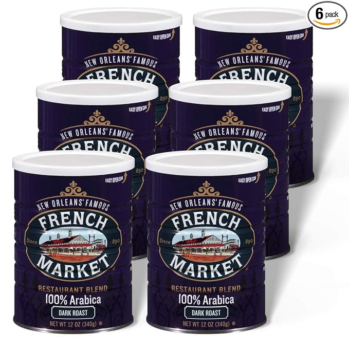 French Market Coffee, Restaurant Blend, Dark Roast Ground Coffee, 12 Ounce Metal Can (Pack of 6)