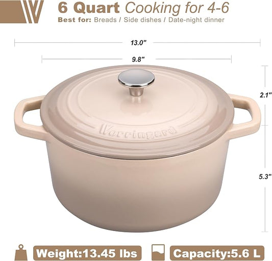 VORRINGARD Enameled Cast Iron Dutch Oven Pot with Lid, for Bread Baking, Round Bread Oven- include Sourdough Bread Baking Supplies Set, 6QT, Latte