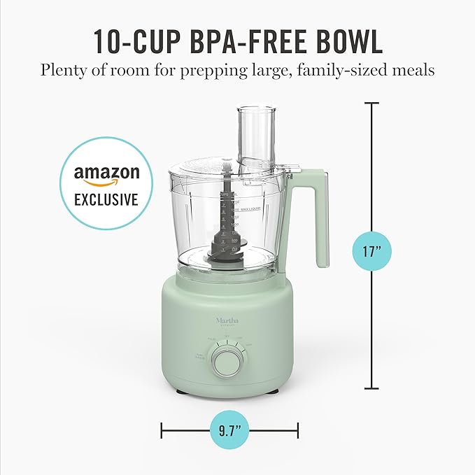 Martha Stewart Food Processor, 10-Cup Electric Chopper for Slicing, Shredding, Mincing and Puree, BPA-Free Twist & Lock Bowl, 3 Multipurpose Blades, Variable Speed Dial, Wide Feed Chute, Honeydew