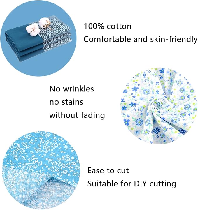 100% Cotton Craft Fabric -8 Pieces (20"x20"), Floral Cotton Fabric for Sewing, Bundle Squares Fabric, DIY Cloths Patchwork, Pre-Cut Quilting Fabric(Blue)