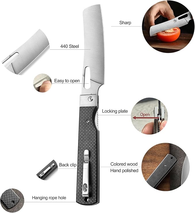 SENBON 440 stainless steel sharp set folding chef knife fruit knife carbon fiber handle camping barbecue outdoor portable kitchen knife with back clip