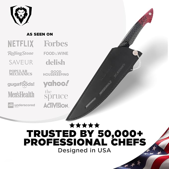 Dalstrong Chef Knife - 9.5 inch Blade - AUS-12V Exclusive Japanese Steel - Black Damascus Full Tang - Honeycomb Handle - Chef's Knife - Scorpion Series - Razor Sharp Kitchen - Leather Sheath