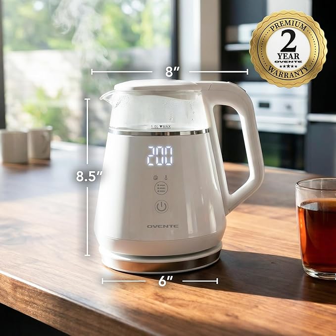OVENTE 1L Small Electric Kettle with 5 Temperature Preset, Digital Display, 5Hr Keep Warm, Auto Shut-Off, Double-Wall Cool Touch Exterior, Borosilicate Glass,1500W BPA Free Water Boiler, White KD95W