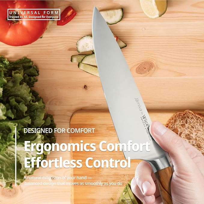WICKWILLOW 8 Inch Chef Knife - Swedish Steel 14C28N with Italian Olive Wood Handle - Professional Kitchen Knife for Culinary Enthusiasts - Meat, Vegetables & Daily Prep - Gift Box - Jarniva Series