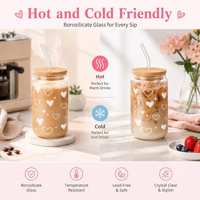 Glass Cups with Lids and Straws, 2 Pack Heart Glass Cups, 16 oz Borosilicate Iced Coffee Cups, Matching Drinkware for Best Friends, Couples, Birthday and Anniversary