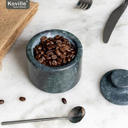 Koville Indian Green Marble Salt Cellar with Lid 3.5", Stone Pepper Container & Spice Jars for Kitchen, Marble Salt and Pepper Holder, Stone Storage Box for Kitchen Counter, Spice Jar