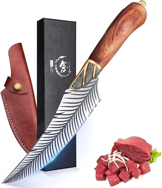 Dream Reach Feather Viking Boning Knife, 6 Inch Professional Viking Knife Meat Cleaver Full Tang with Sheath Gift Box for Outdoor Camping Thanksgiving Gifts for Men Women