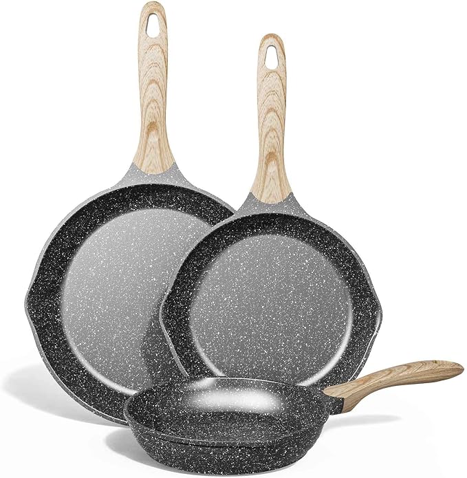 JEETEE Non Stick Frying Pan Set, Frying Pans Nonstick, Omelette Skillet with Soft Touch Handle, 3-Piece Cookware Set 8 Inch 9.5 Inch 11 Inch