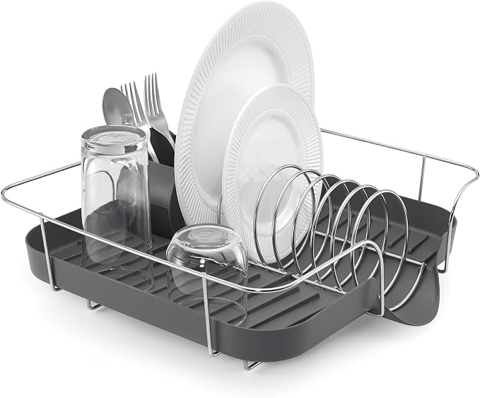 Polder Spring Dish Rack Holds Up to 9 Plates and Includes Removable, Stand-Alone Utensil Bin (Gray)