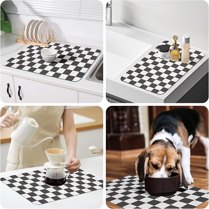 CooRug Checkered Dish Drying Mat for Kitchen Counter, Absorbent Non-Slip Coffee Mat, Heat Resistant Mat for Countertops Coffee Bar Decor 12" x 20" Black