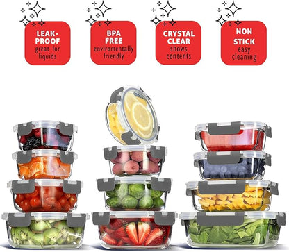 EATEX 48pc Glass Storage Containers with Lids, 24 Glass Food Storage Containers with 24 Airtight Lids for Pantry & Kitchen, Meal Prep Containers for Lunch, Oven Freezer Microwave & Dishwasher Safe