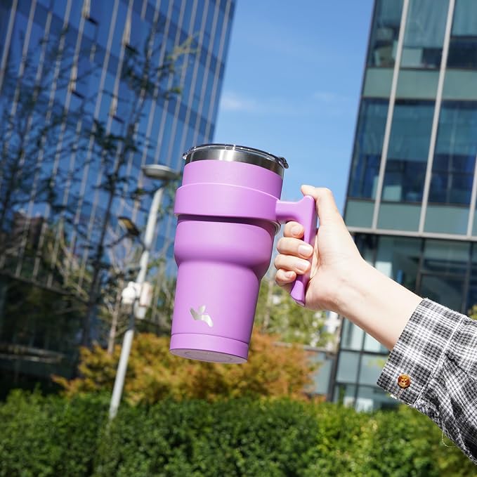 Konokyo 30 oz Tumbler with Handle and 2 Straw 2 Lid, Insulated Water Bottle Stainless Steel Vacuum Cup Reusable Travel Mug,Lavender