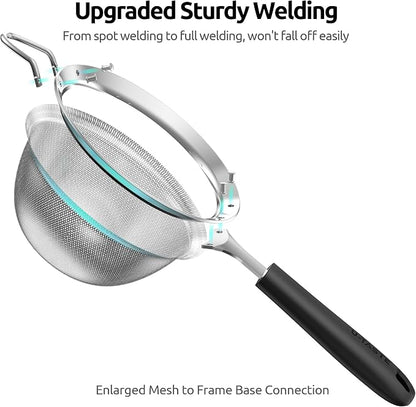 U-Taste Medium Fine Mesh Strainer: 18/8 Stainless Steel 4.73in 30 Mesh Kitchen Food Sieve with Sturdy Riveted Silicone Handle, Heavy Duty Deep Handheld Metal Colander for Rice, Quinoa, Flour (Black)