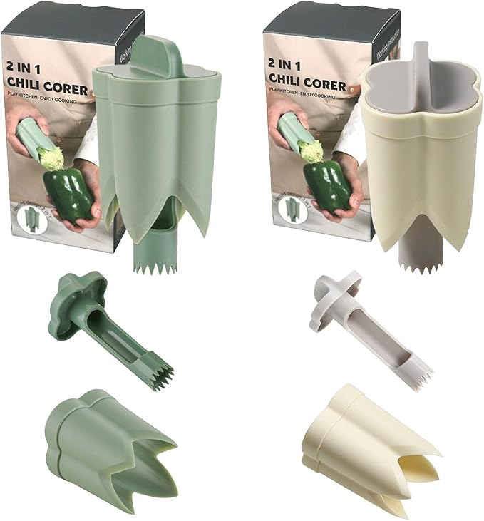 Pepper Corer, 2 in 1 Red Bell Pepper Seed Corer Remover Tool, Fruit & Vegetable Corers Quick Cave Tools for Jalapeno Cutter Deseeder, Off White+Green, 2 PCS