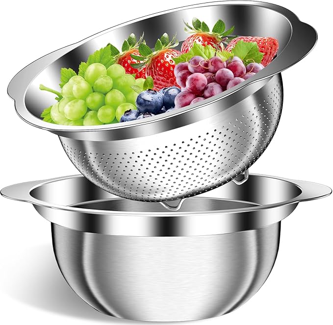 Colander, Strainer Bowl, Stainless Steel Colander, Rice Washing Bowl, Pasta Strainer & Vegetable Washer, Kitchen Strainer with Mixing Bowl for Draining, Food Prep, Dishwasher Safe, 5QT