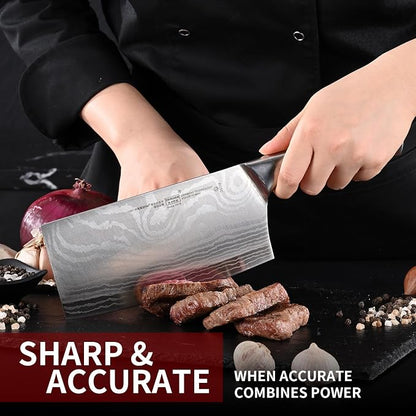 2 Pieces Knife Set Cleaver Knife and Paring knives,Stainless Steel Fruit Meat Knife with Damascus Pattern,Anti-Slip Hollow Handle