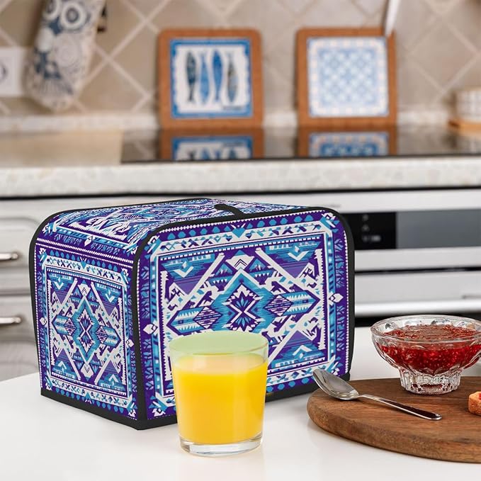 4 Slice Blue Ethnic Aztec Toaster Cover Waterproof Dust Fingerprint Bread Machine Cover Washable Kitchen Appliance Protector For Home Kitchen Bakeware Table Decor Women Gifts