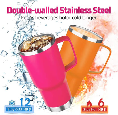 20oz Stainless Steel Insulated Handle Tumbler, Leak Proof Travel Mug with Lid and Straw, Keeps Hot/Cold for 8/12 Hours, Set of 4
