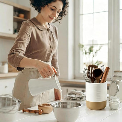 HASENSE Large Ceramic Utensil Holder, 7.4" Cooking Utensil Crock for Kitchen Counter, Utensil Organizer Caddy for Kitchen Utensil Set, Vintage Farmhouse Decor Gift, White