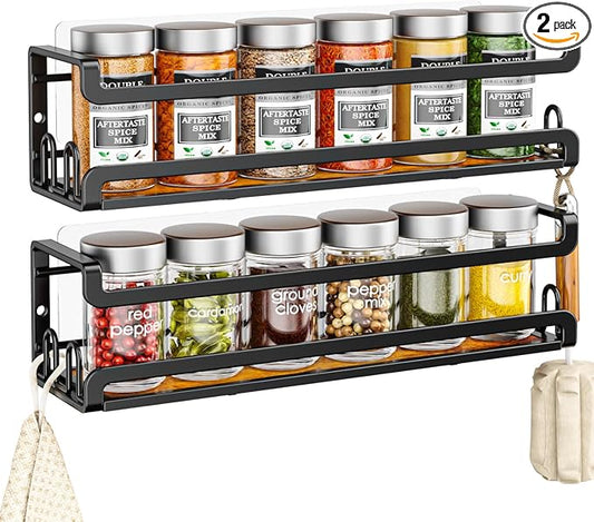 Doakhirmit Wall Mounted Spice Rack with 16 Hooks, Rustic Wood Spice Organizer Shelf for Stove Cabinet Pantry Door,Screw or Adhesive Hanging Spice Shelf,Wall Spice Rack in Kitchen and RV,2 Pack