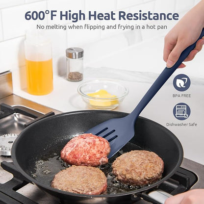 600ºF Heat Resistant Slotted Turner: U-Taste 13.6" Silicone Kitchen Spatula Flipper, 3.74in Wide Food Grade Flexible Rubber Cooking Utensil for Egg, Pancake, Cookie, Nonstick Cookware-Midnight Blue