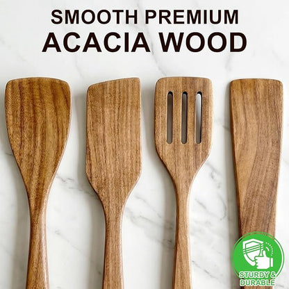 Best Non Toxic Wooden Spatula for Cooking Utensil Set Acacia Wood Spatula Set of 4, Bamboo Cooking Spoon Flat Slotted Turner Spatulas for Kitchen Use Cast Iron Scraper Spurtle Thin Egg Flipper Spatula
