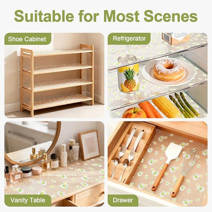 FEXIA Shelf Liner 17.5 Inch x 20 FT Daisy Non Slip Waterproof Cabinet and Drawer Liner for Kitchen Cabinet Refrigerator Pantry Closet Durable Non Adhesive