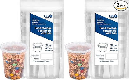 EDI [32 OZ, 40 Sets Plastic Deli Food Storage Containers with Airtight Lids | Microwave-, Freezer-, Dishwasher-Safe | BPA Free | Heavy-Duty | Meal Prep | Leakproof | Recyclable (Pack of 2)