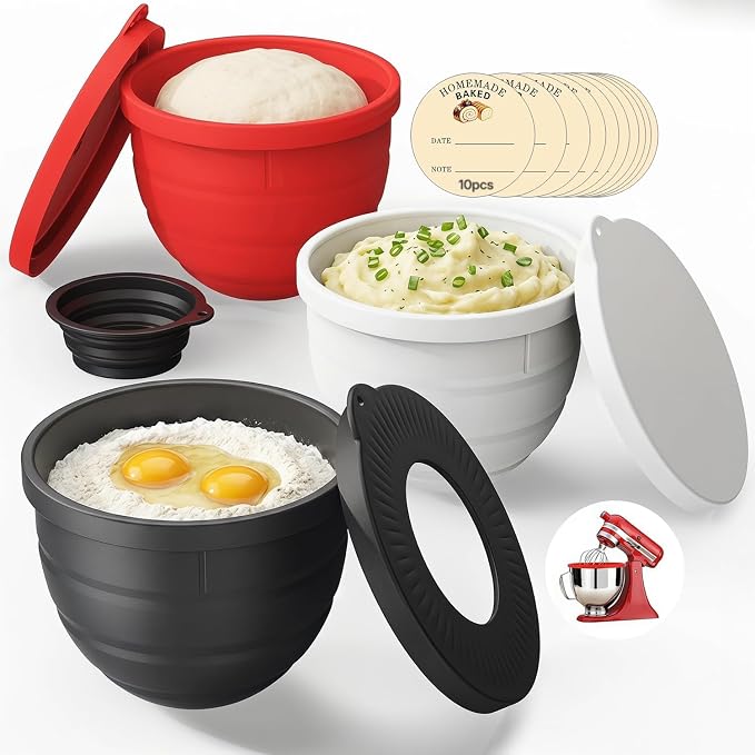 Silicone Bowl Liners for KitchenAid Tilt-Head 5QT Mixers, Kitchen Aid Accessories and Attachments for Baking and Cooking, Foldable Dishwasher Microwave Safe, 3pcs with Lids