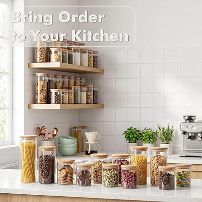 6-Pack 1Qt Round Glass Storage Jars with Bamboo Lids | Minimalist Kitchen Organizer,Pantry Storage Container,Food Storage Container,Scandinavian Style Storage,Nordic Style Storage