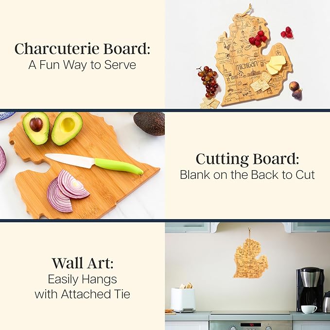 Totally Bamboo Destination Michigan Mitten Shaped Cutting Board, Bamboo Charcuterie and Cheese Serving Board for Kitchen with Hang Tie for Wall Display, 11.75 x 13.25 Inches
