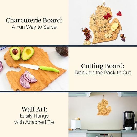 Totally Bamboo Destination Michigan Mitten Shaped Cutting Board, Bamboo Charcuterie and Cheese Serving Board for Kitchen with Hang Tie for Wall Display, 11.75 x 13.25 Inches