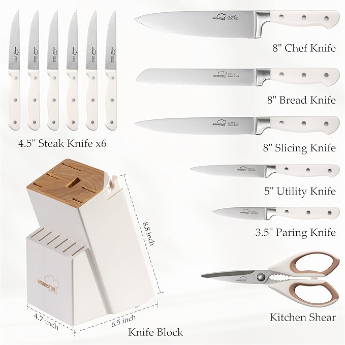 Knife Set, Kitchen Knives Set with Block and Sharpener 14 Pcs Full Tang Knives German Stainless Steel Dishwasher Safe Kitchen Utensils Set with Ergonomic Handle Gifts for Women