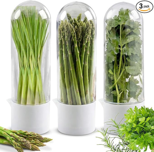 Herb Saver for Refrigerator, 3Pack Herb Keeper & Cilantro Container for Fridge, Fresh Herbs Lettuce Keeper Preservation Storage Container for Cilantro, Parsley, Asparagus, Extends 2-3 Weeks