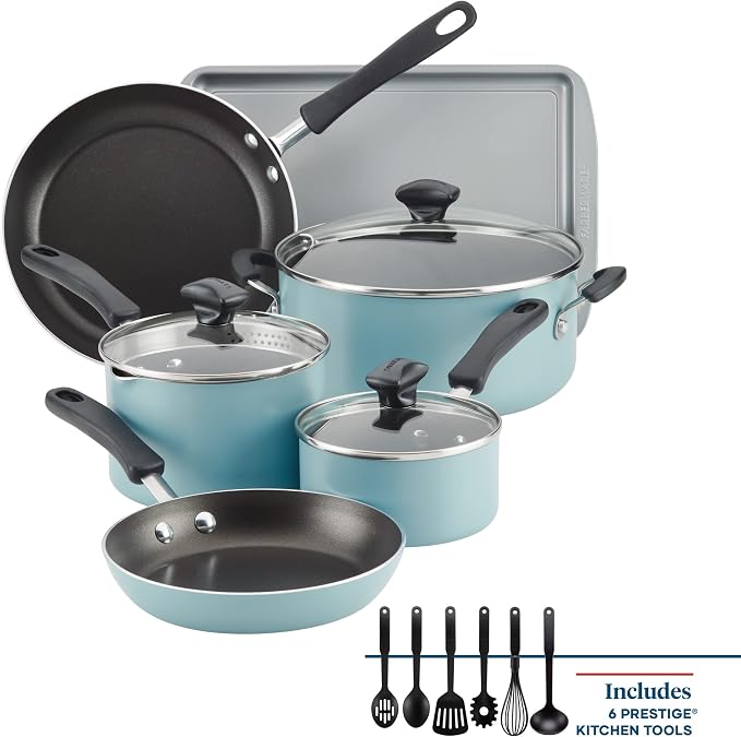 Farberware Cookstart Aluminum DiamondMax Nonstick Cookware Set, Kitchen Essentials, 15-Piece, Aqua