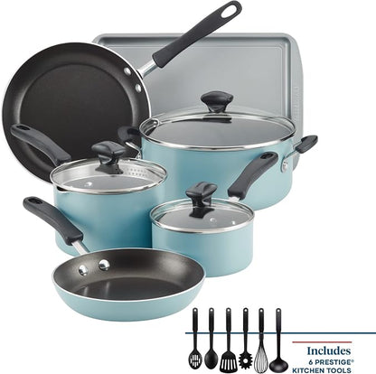 Farberware Cookstart Aluminum DiamondMax Nonstick Cookware Set, Kitchen Essentials, 15-Piece, Aqua