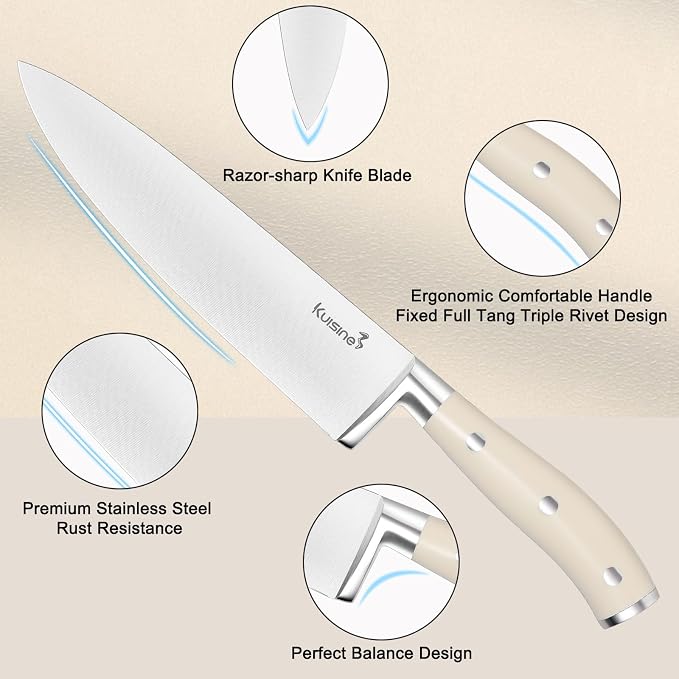 Kuisine Premium Sharp Knife Set,High Carbon Stainless Steel Ergonomic Handle,Knife Block Set with Built-in Sharpener(15PCS,Ivory)