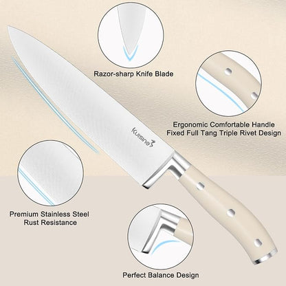 Kuisine Premium Sharp Knife Set,High Carbon Stainless Steel Ergonomic Handle,Knife Block Set with Built-in Sharpener(15PCS,Ivory)