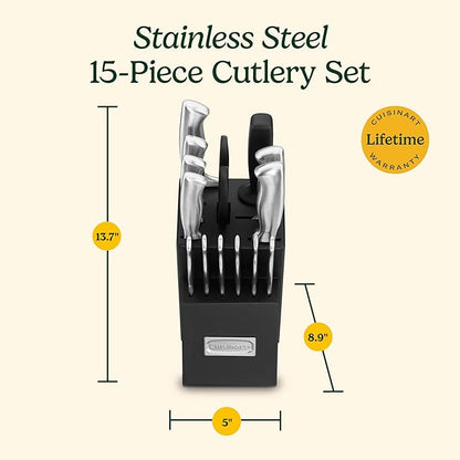 Cuisinart Stainless Steel Hollow Handle 15-Piece Cutlery Block Set, Kitchen Knife Set with Steel Blades for Precise Cutting, Durable Knives with Ergonomic Handles, C77SS-15PK (Pack of 2)
