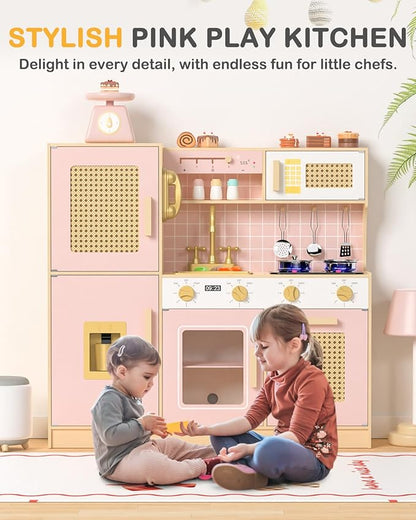 Babytronic Wooden Kitchen Playset for Kids - Pink Pretend Play Kitchen with Lights & Sounds, Retro Style Toy Kitchen for Toddlers Ages 3+, Wooden Play Kitchen Set with Realistic Design (Pink&Gold)