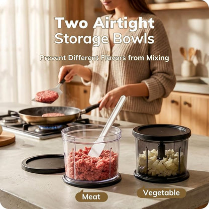 Food Processor Set: 2-Speed Electric Food Chopper with 2 Bowls (4 Cup+4 Cup), Vegetable Chopper with 2 Pack 420 Stainless Steel 4-Layer Blades, Meat Grinder for Meat, Fruits, Baby Food,Pet Food