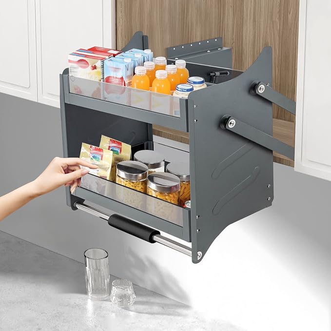 Pull Down Cabinet Organizer, 2-Tier Pull Down Shelf Wall Mount Cabinet with Pneumatic Damper System and 3-Gear Adjustable Bearing, Space-Saving Cabinet Organizer for Cabinet Inner Width≥23.6In