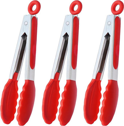 HINMAY 7-Inch Mini Silicone Tongs Small Serving Tongs for Appetizers, Set of 3 (Red)