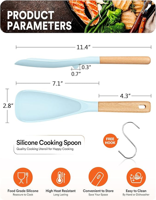 Cooking Spoon for Nonstick Cookwares, Great for Cooking and Serving Sturdy BPA-Free Matte Silicone, Wood Handle Spoon for Mixing, Scoop, and Scrape (BLUE, 11.4 inch)