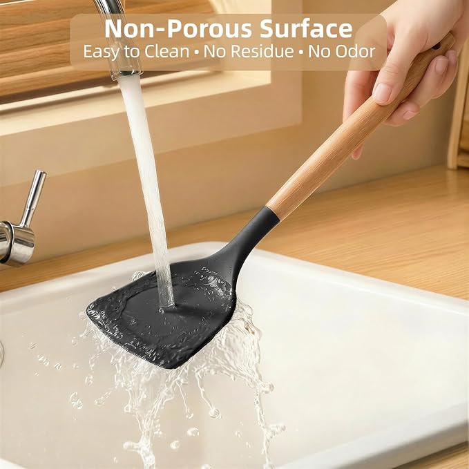 Silicone Cooking Utensils Set, 33PCS/446°F Heat Resistant Food Grade Silicone Kitchen Gadgets, Spatula Set w Holder, for Nonstick Cookware (Black)