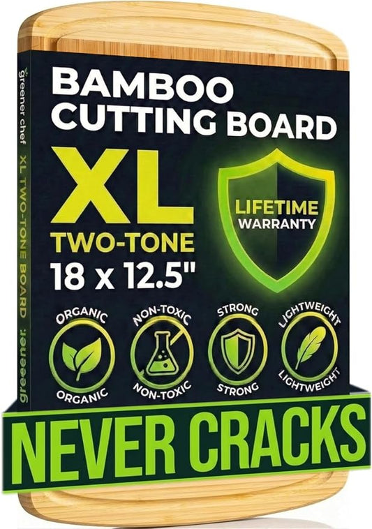 Greener Chef Luxury Bamboo Cutting Board (Extra Large) with Vertical Grain Strength Technology - Non Toxic, Spacious and Lightweight 18" XL Chopping Board Gift - Replacements for Life