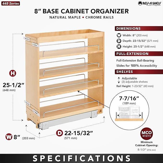 Rev-A-Shelf Maple Pullout Organizer for Full Height Base Cabinets, Full Extension Slides & Adjustable Shelves, Min Opening Width of 8.5", 448-BC-8C